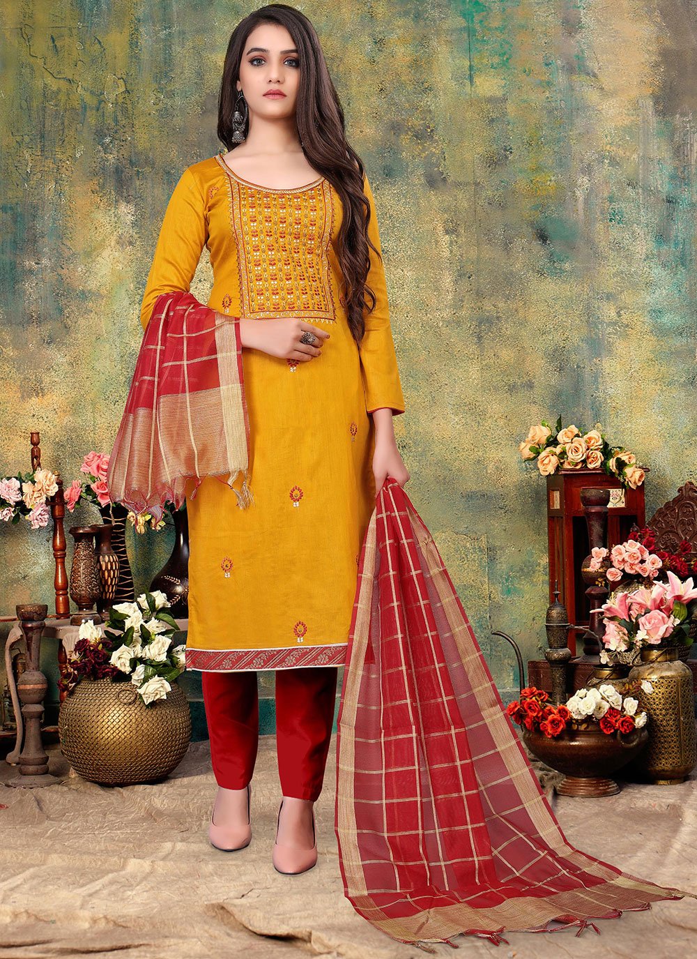 Cotton Mustard Embroidered Pant Style Suit
