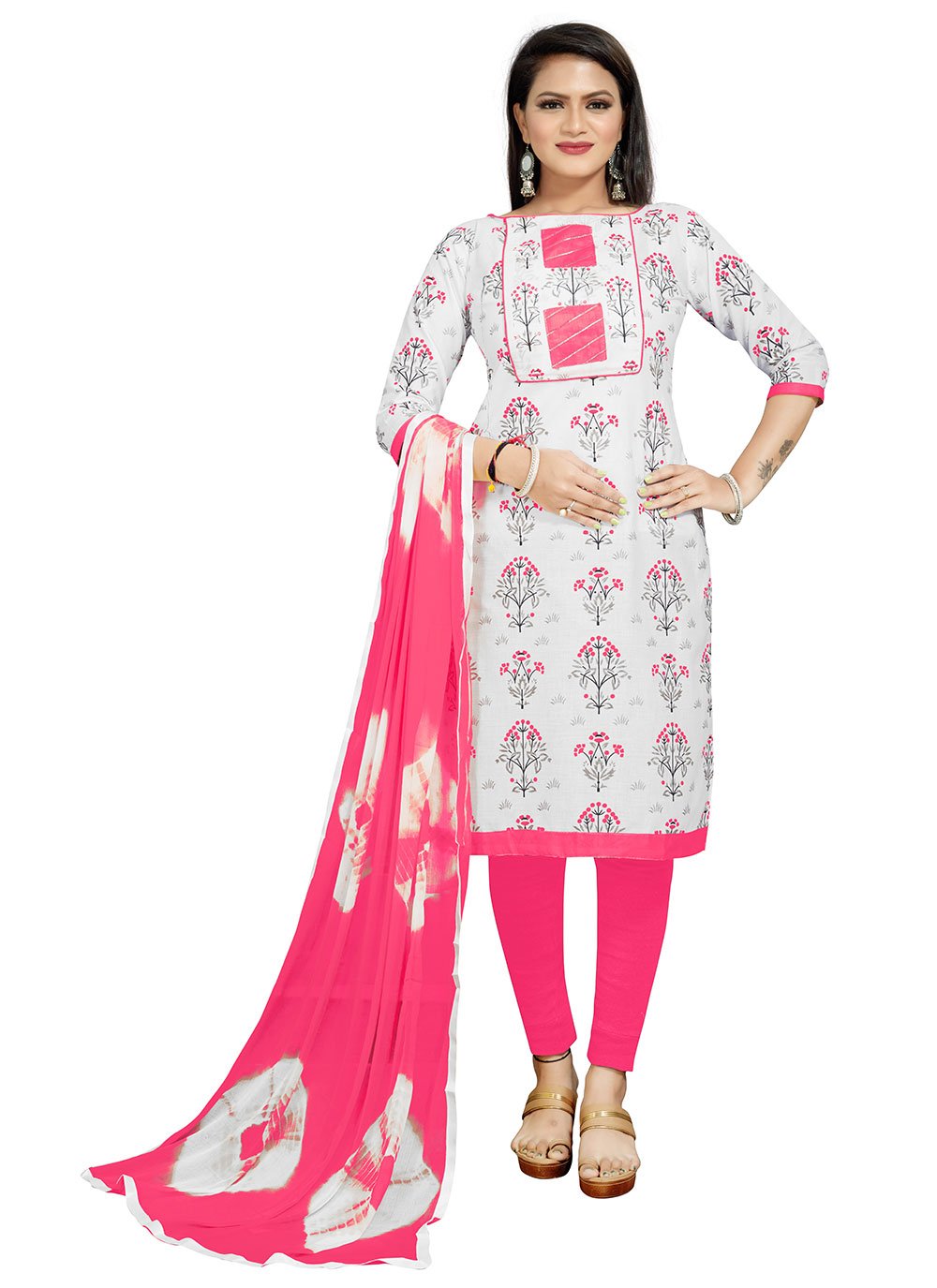 Cotton Off White and Pink Print Churidar Suit
