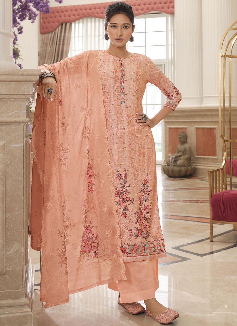 Cotton Pink Embroidered Designer Palazzo Salwar Kameez
