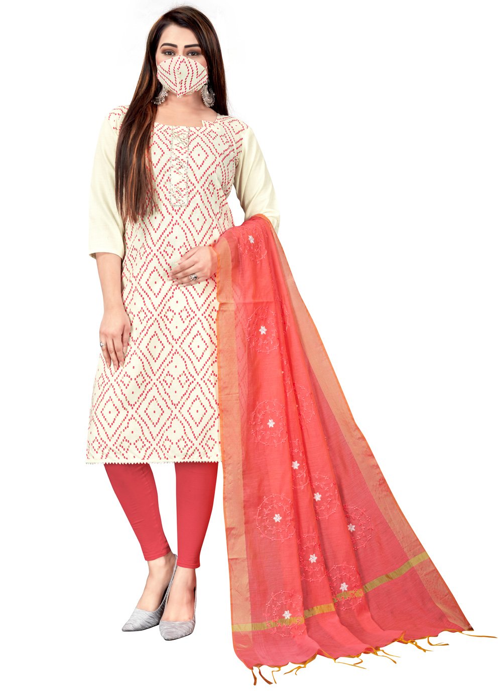 Cotton Printed Off White and Pink Churidar Designer Suit