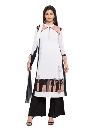 Cotton Printed Readymade Salwar Kameez in Off White