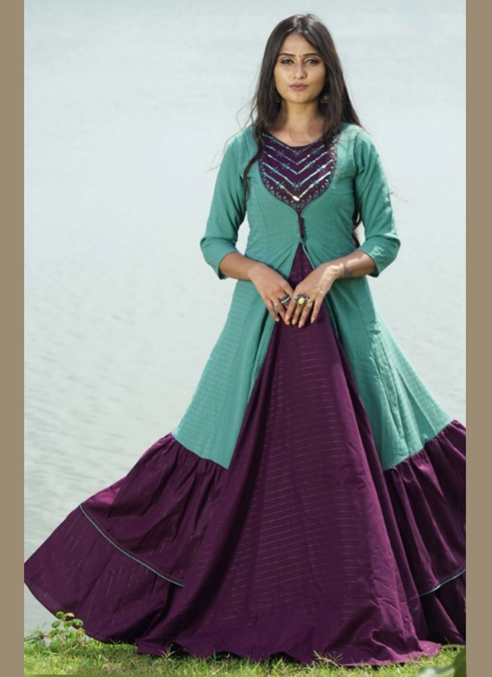 Cotton Purple Sequins Designer Gown