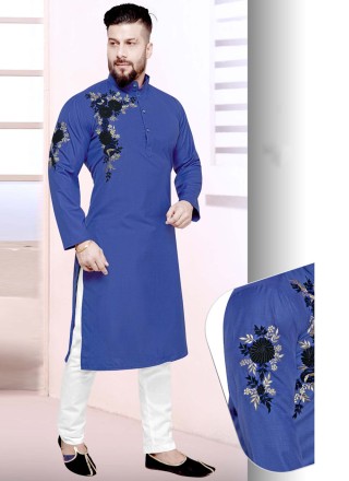 Cotton Resham Kurta Pyjama in Blue