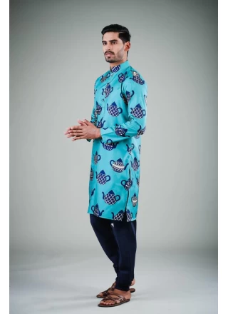 Cotton Satin Kurta Pyjama in Aqua Blue