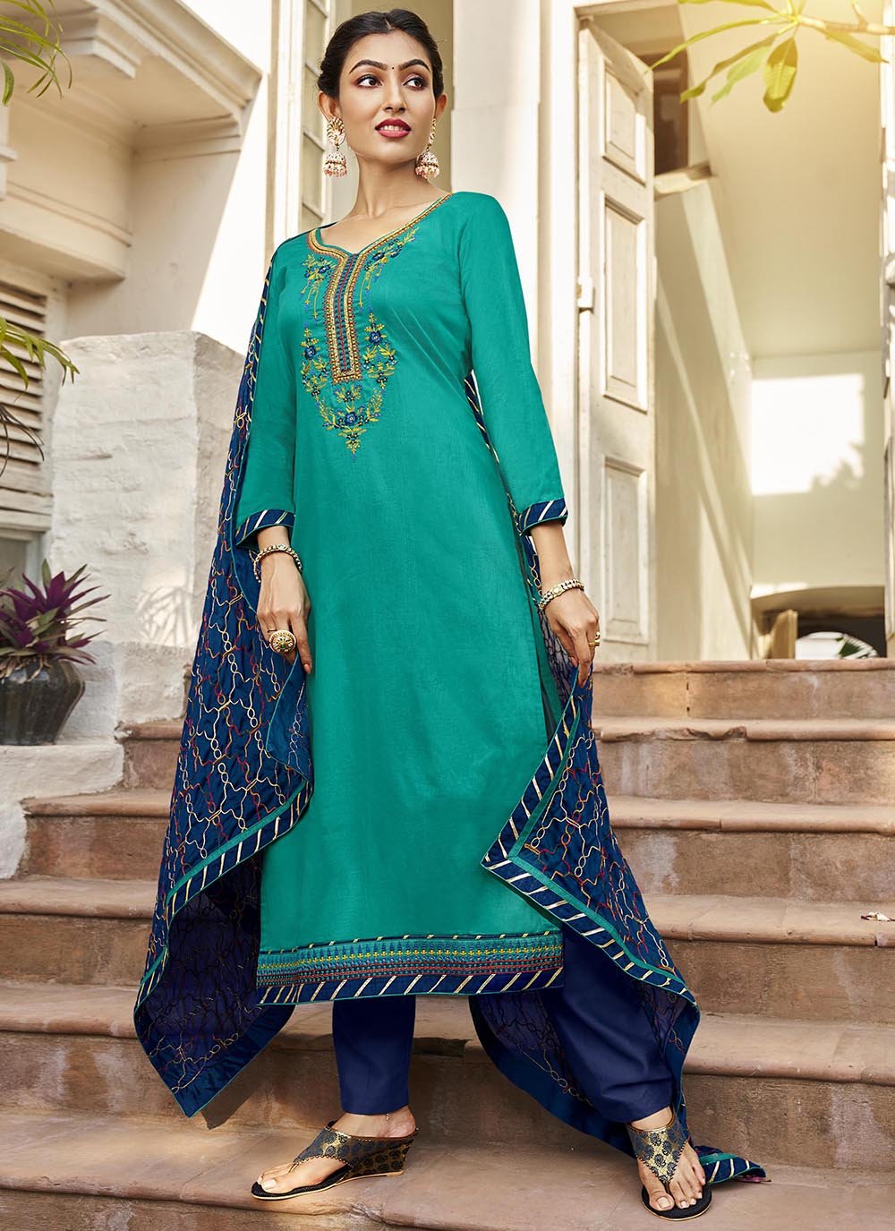 Cotton Satin Pant Style Suit in Rama