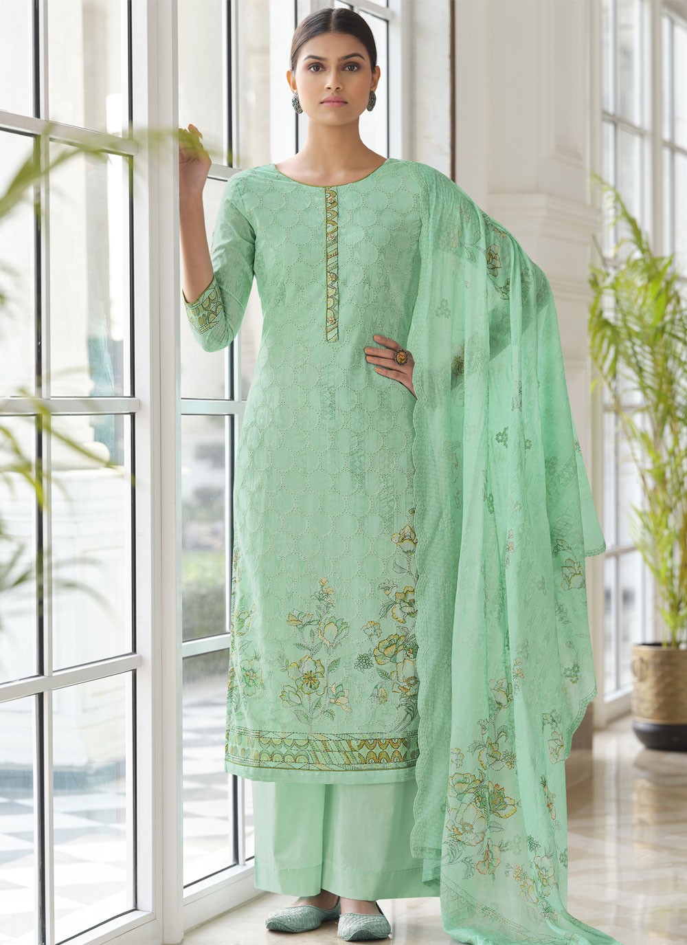 Cotton Sea Green Embroidered Palazzo Designer Salwar Suit
