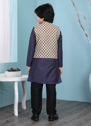 Cotton Silk Beige and Navy Blue Printed Kurta Payjama With Jacket