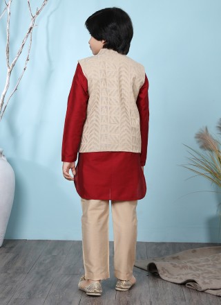 Cotton Silk Beige and Red Jacquard Work Work Kurta Payjama With Jacket