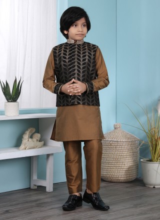 Cotton Silk Black and Brown Jacquard Work Kurta Payjama With Jacket