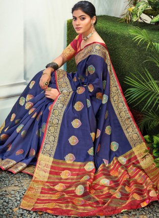 Cotton Silk Blue Woven Traditional Saree