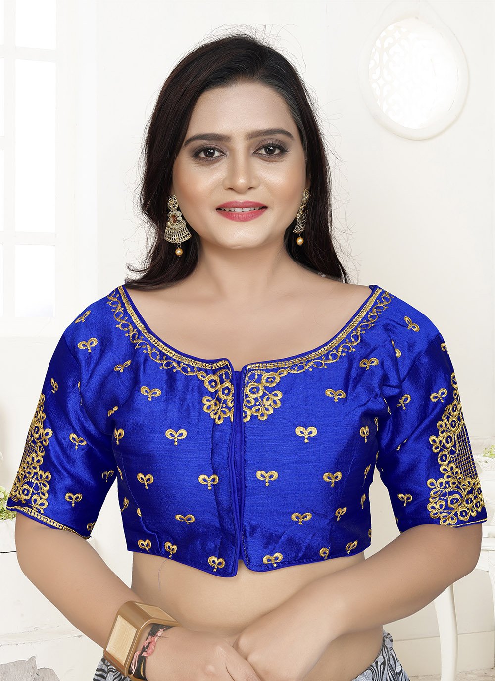 Cotton Silk Embroidered Designer Blouse in Blue