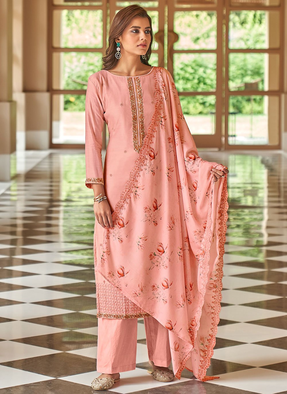 Cotton Silk Embroidered Pink Designer Palazzo Suit