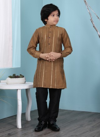 Cotton Silk Kurta Pyjama in Brown