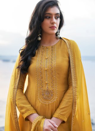 Cotton Silk Mustard Embroidered Pant Style Suit
