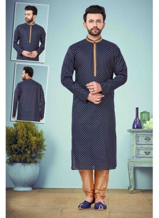 Cotton Silk Print Kurta Pyjama in Navy Blue