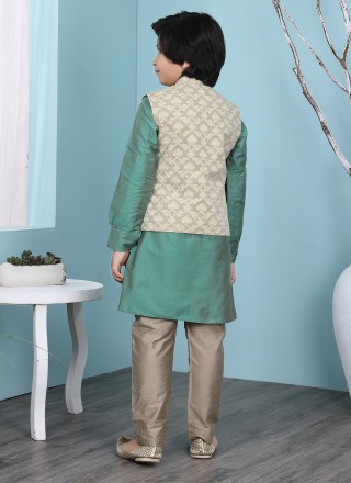 Cotton Silk Printed Beige and Green Kurta Payjama With Jacket