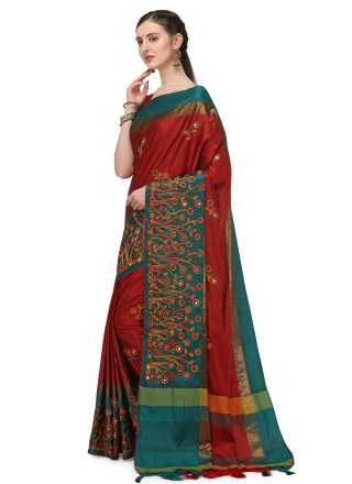 Cotton Silk Red Embroidered Designer Traditional Saree