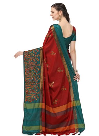 Cotton Silk Red Embroidered Designer Traditional Saree
