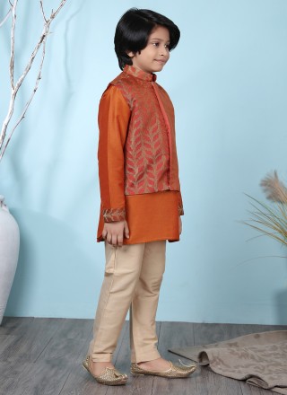 Cotton Silk Rust Kurta Payjama With Jacket