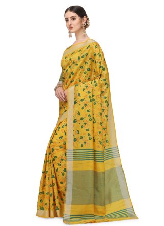 Cotton Silk Yellow Floral Print Printed Saree