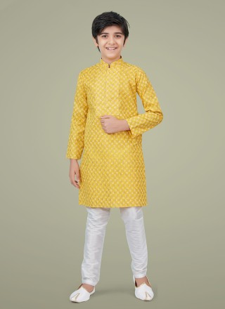 Cotton Silk Yellow Printed Work Kurta Pyjama