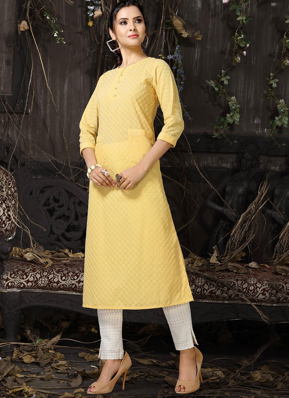 Buy Cotton Yellow Embroidered Party Wear Kurti Online -