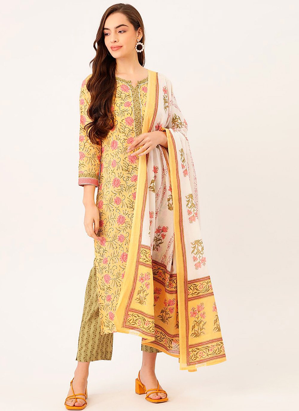 Cotton Yellow Print Readymade Suit