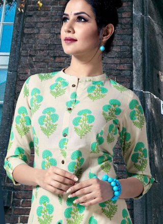 Cream and Green Cotton Print Party Wear Kurti