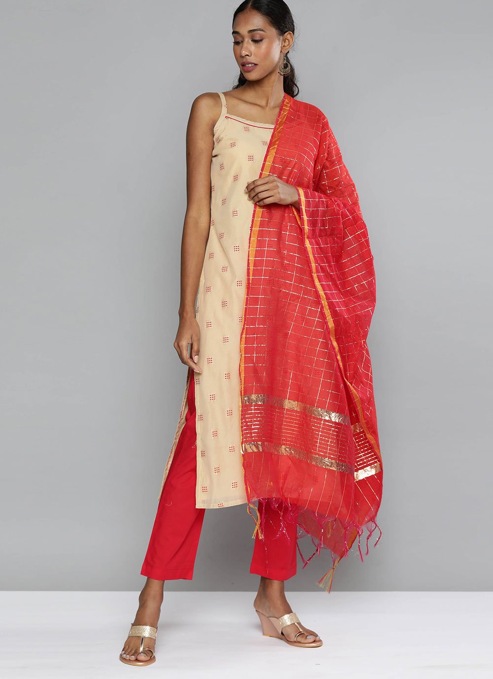 Cream and Red Fancy Chanderi Pant Style Suit