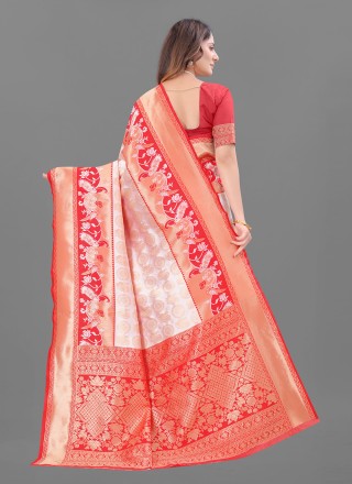 Cream and Red Weaving Designer Traditional Saree