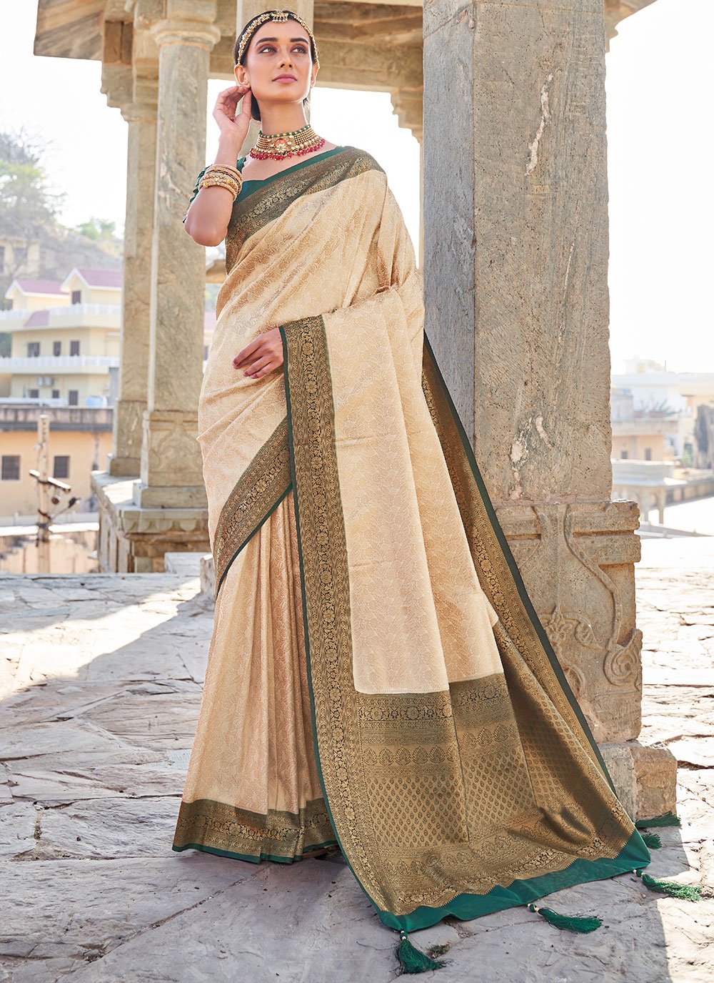 Occasion Wear Cream Color Silk Weaved Linen Saree With Double Blouse