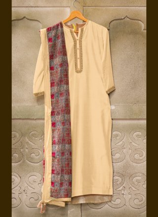Cream Printed Chanderi Cotton Churidar Suit