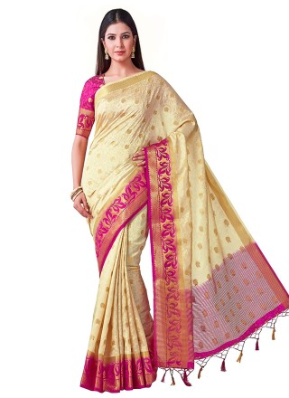 Cream Silk Designer Traditional Saree