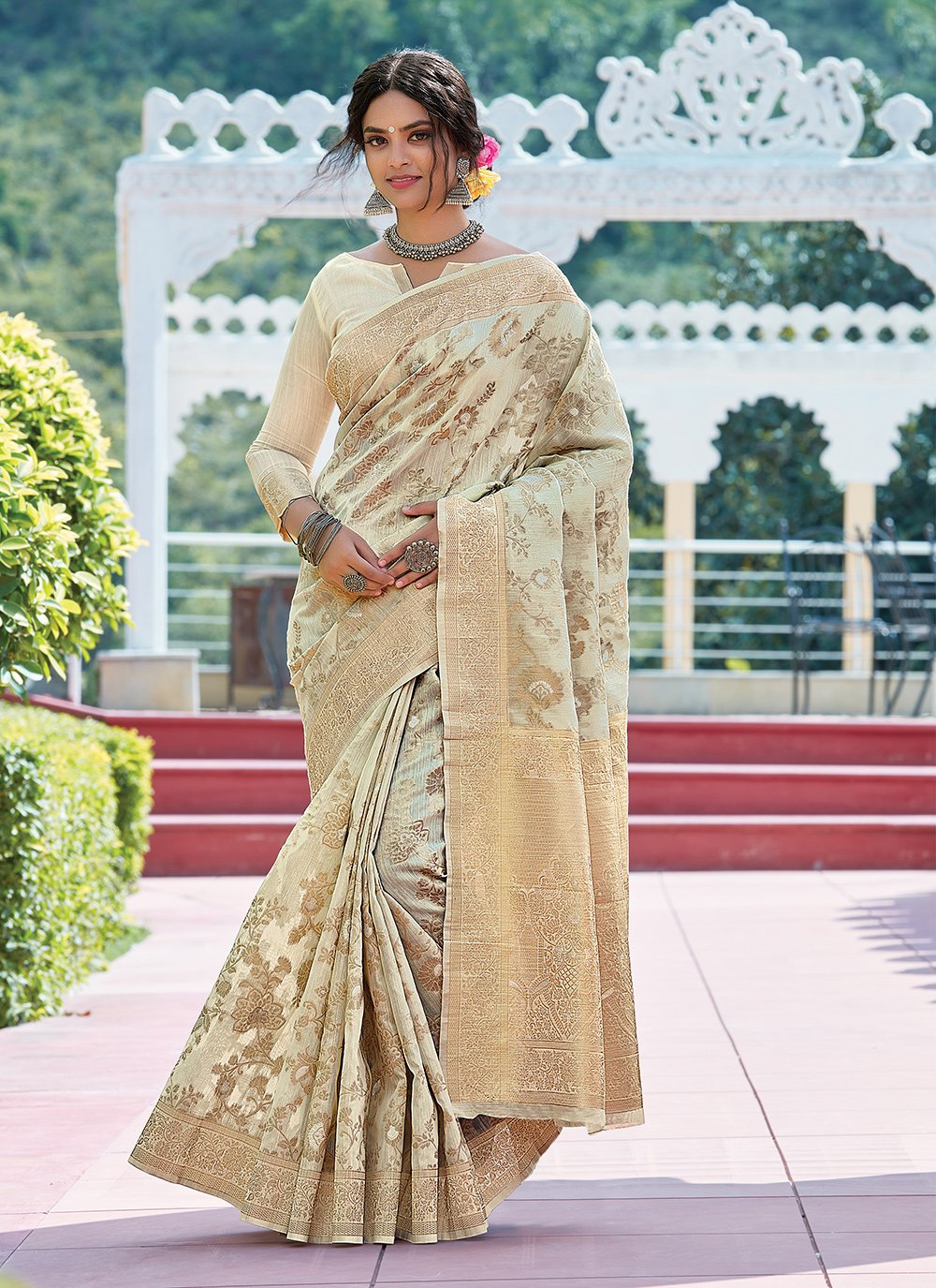 Cream Weaving Linen Traditional Designer Saree