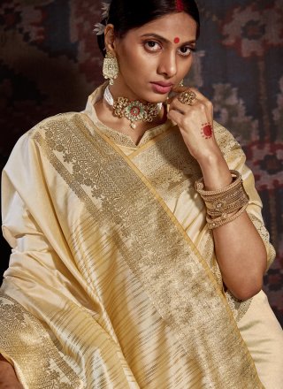 Cream Woven Traditional Designer Saree