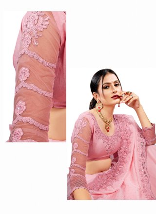 Crepe Silk Pink Embroidered Traditional Saree