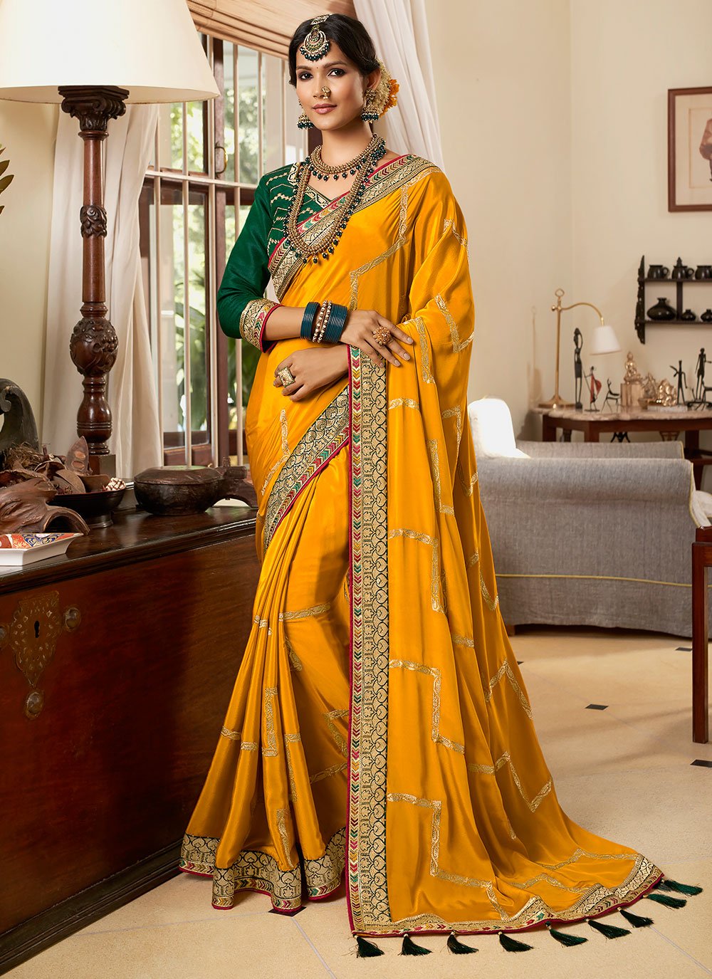 1378 Indian Sari Saree & Blouse Bollywood Party Wear Yellow Woven Crepe Silk