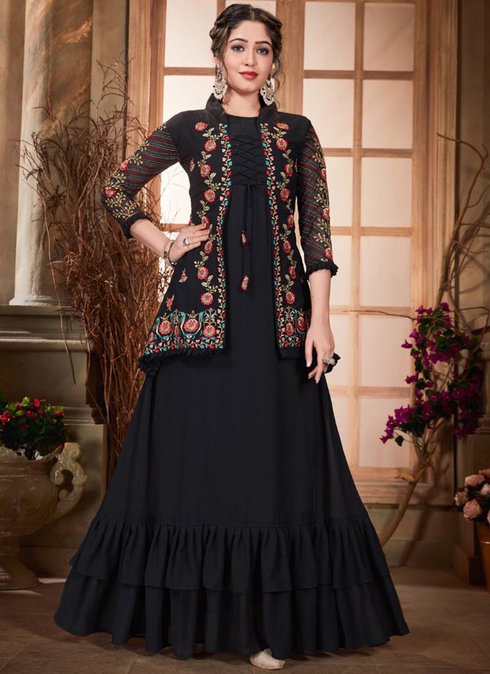 Designer Gown Embroidered Faux Georgette in Navy Blue