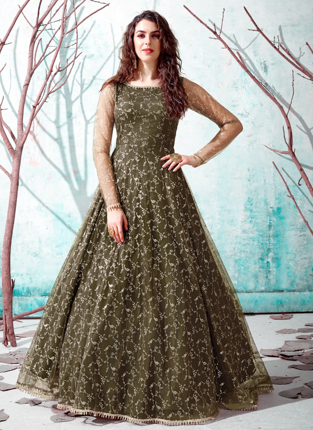 Designer Gown Fancy Net in Green