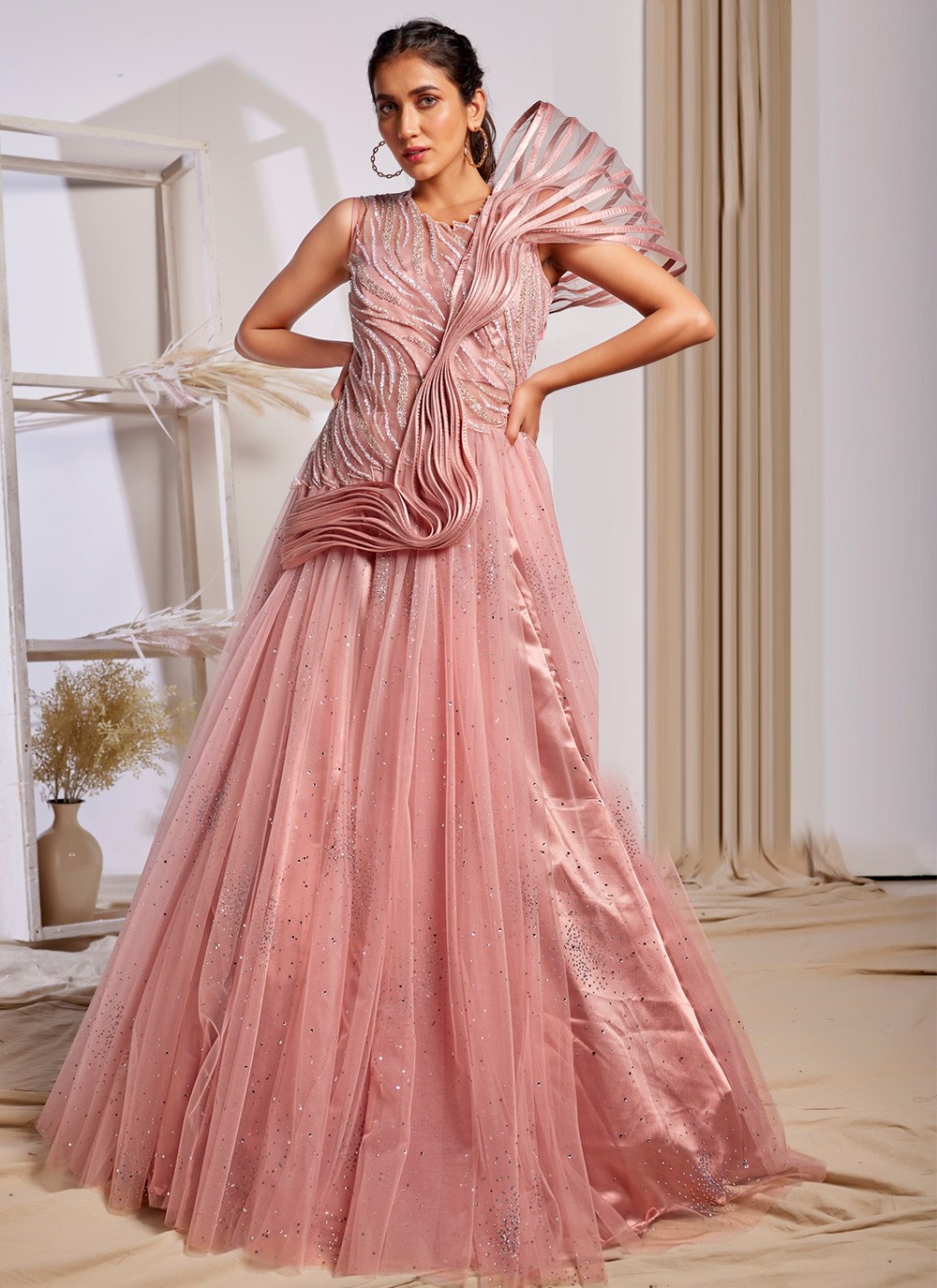 CLASSIC PINK FAUX BLOOMING DESIGNER GOWN FOR WOMEN