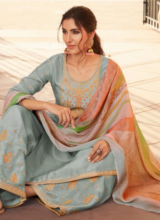 Designer Pakistani Salwar Suit Embroidered Silk in Blue