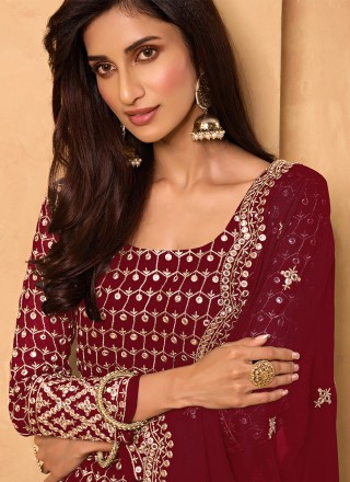 Designer Pakistani Suit Embroidered Faux Georgette in Maroon
