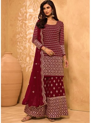 Designer Pakistani Suit Embroidered Faux Georgette in Maroon