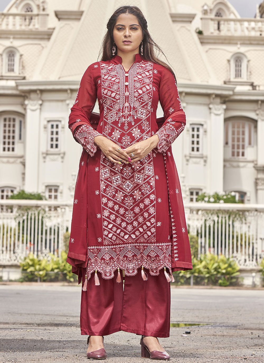 Designer Palazzo Salwar Kameez Embroidered Faux Georgette in Red