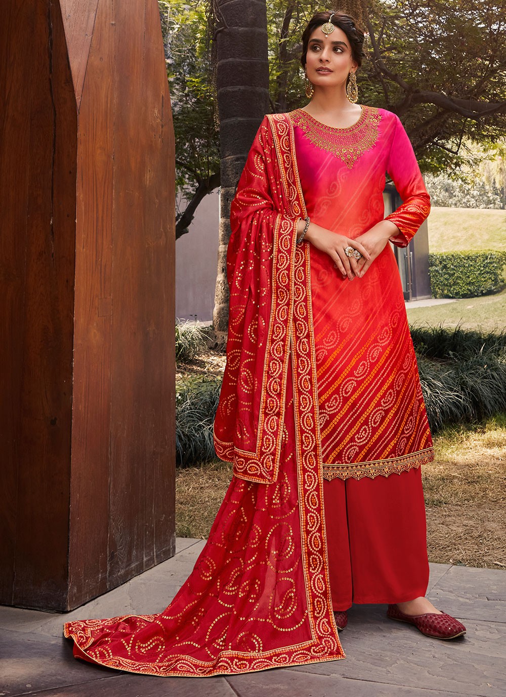 Designer Palazzo Suit Diamond Satin in Pink and Red