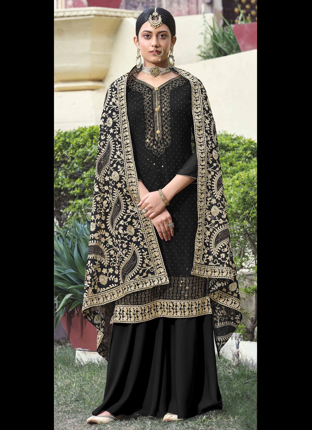 Designer Palazzo Suit Embroidered Faux Georgette in Black