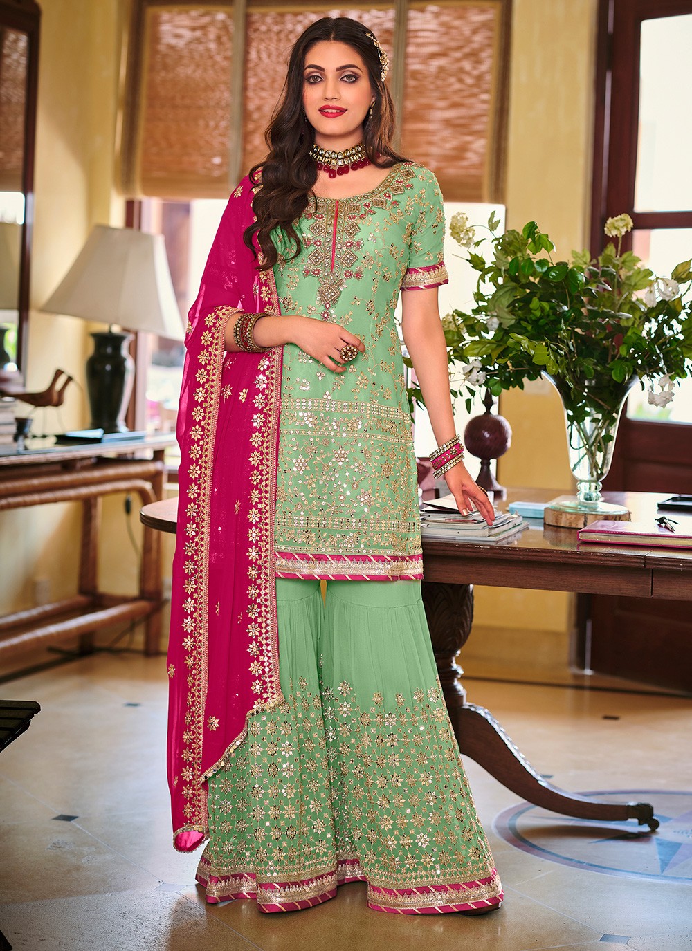 Designer Palazzo Suit Embroidered Faux Georgette in Green
