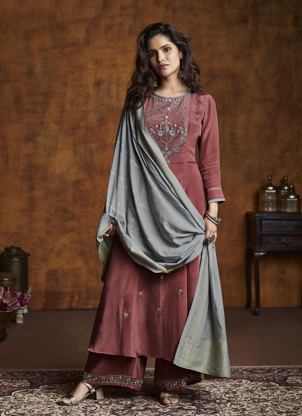 Designer Palazzo Suit Embroidered Silk in Salmon