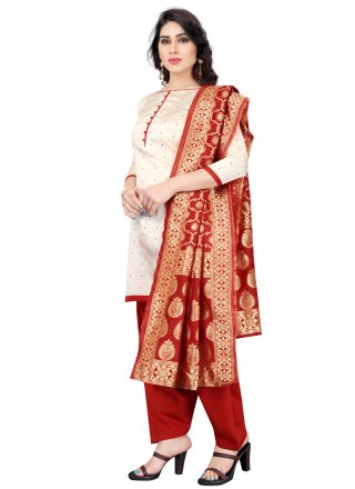 Designer Patiala Suit Fancy Tafeta Silk in Off White and Red