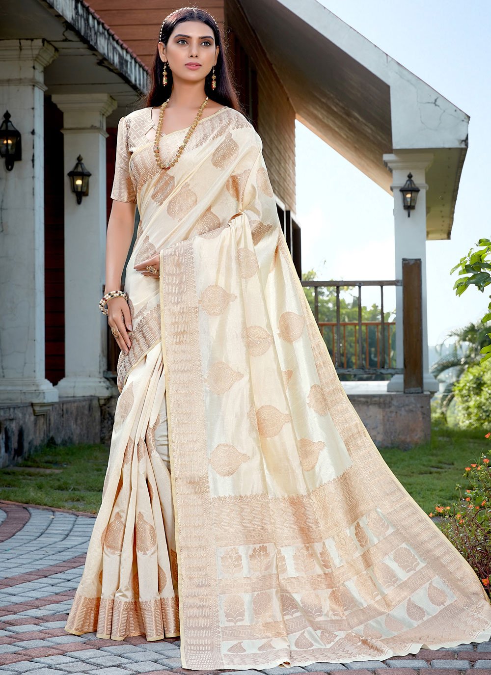 Designer Saree Fancy Raw Silk in Off White